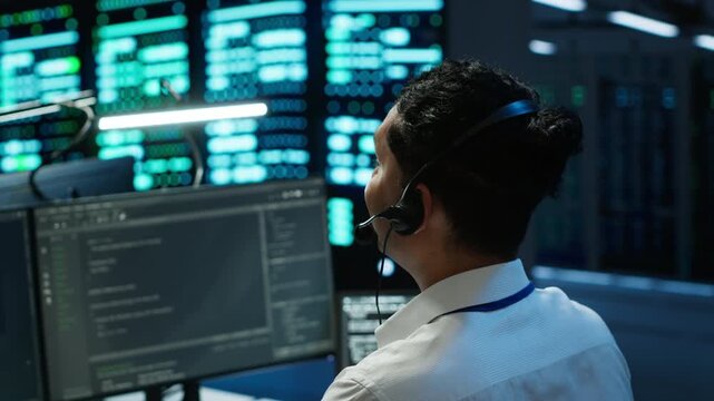 Data center computer scientist wearing mic headset, doing installation of networking equipment. Server hub IT professional talking in microphone with system administrators, camera A