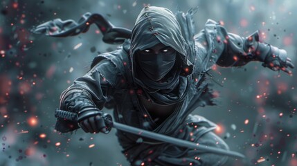 Fototapeta premium The black-clad ninja figure in the background implies a story full of mystery and bravery.