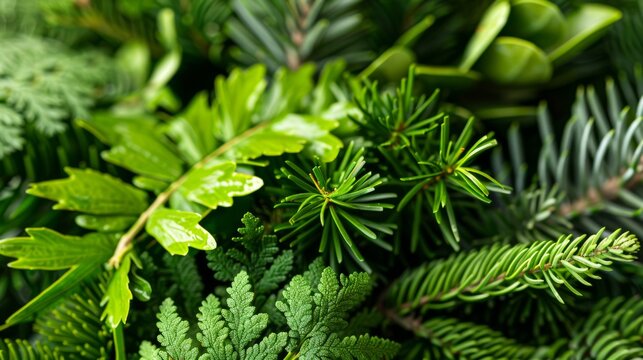 bunch of green leaves and branches are arranged together