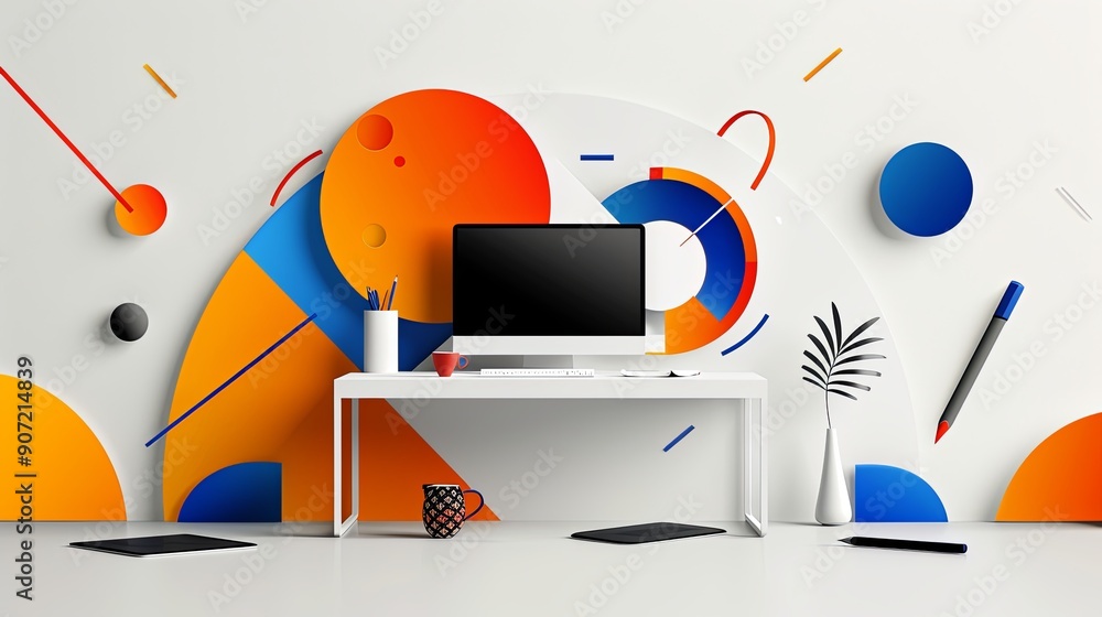 Poster simple desk with abstract elements, representing digital nomad's focus and productivity amidst creat