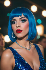 Fototapeta premium Portrait of a drag queen with a blue wig with straight hair. With a sequined dress.