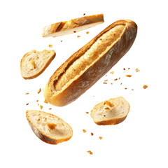 Baguette With Floating Slices And Crumbs On Transparent Png Background For Artisanal Bakery Advertisements . Generative ai
