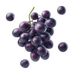 Bunch Of Grapes With Floating Individual Grapes On Transparent Png Background For Elegant Fruit Advertisements . Generative ai