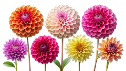Collection of six beautiful dahlia flowers isolated on transparent background