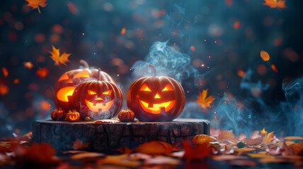 Fototapeta premium Halloween pumpkins on podium with smoke and autumn leaves on mystical background
