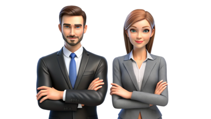 Portrait of young confident business woman and man isolated on transparent background 3D illustration