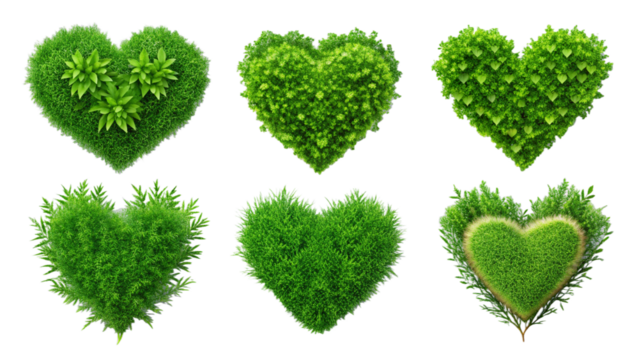 Set of various heart shaped plant with leaves and grass isolated on transparent background