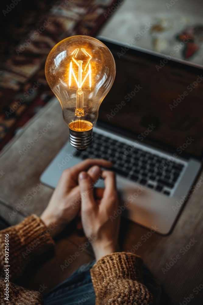 Poster a person sits at a table with a laptop and a light bulb, focusing on their work