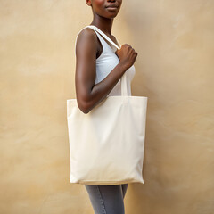 Tote bag mockup. Young African American woman in white tank top carrying reusable cotton linen eco organic fabric canvas blank totebag on yellow background. AI generated