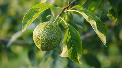 Green walnut growing on a tree 