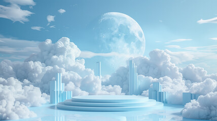 Pastel round podium with moon and clouds in the sky for product presentation
