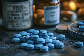Photograph of Fentanyl Tablets Scattered on a Table: With warning signs or labels.