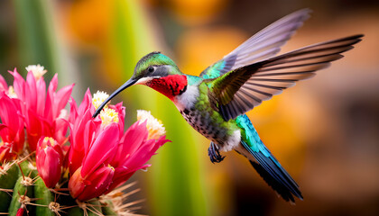 A Hummingbird Hovering in Mid-Air Close to a Beautiful Vibrant Flower, Capturing Nature’s Grace and Elegance in Full Bloom