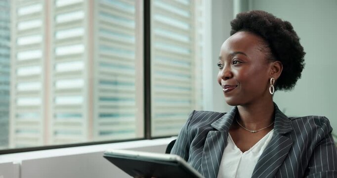 Black woman, tablet and reading in office, happy and info for report of finance by forensic accountant. Research, digital and browsing of auditor with internet for investigation of company and person