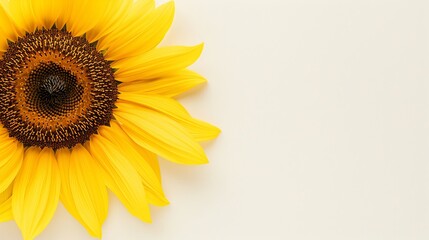 Detailed sunflower, seeds clearly visible among the bright yellow petals, isolated on a plain background with space for advertising text