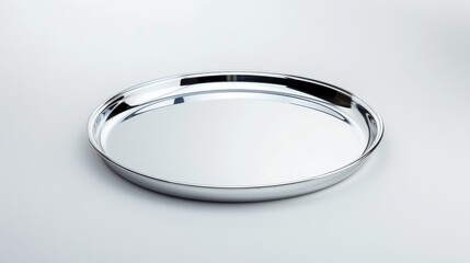 Elegant polished silver serving tray, isolated on a white background with plenty of space for marketing text or logos, ideal for upscale promotions