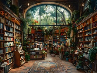 Fototapeta premium Charming Vintage-Style Bookstore with Cozy Reading Nooks and Shelves Full of Literary Treasures
