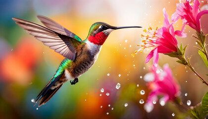 Naklejka premium A Hummingbird Hovering in Mid-Air Close to a Beautiful Vibrant Flower, Capturing Nature’s Grace and Elegance in Full Bloom
