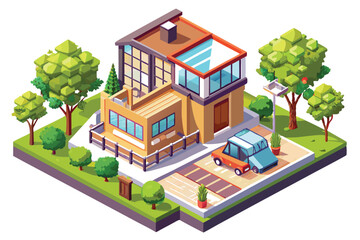 Isometric View of Modern House with Car and Trees