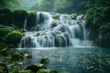 Captivating Waterfall Surrounded by Lush Green Foliage in a Serene Natural Setting