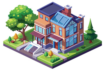 Isometric Illustration of a Modern Two-Story House with a Green Lawn and Trees
