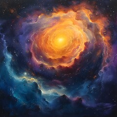 Dreamy Watercolor Galaxy Painting with Swirling Cosmic Elements and Vibrant Celestial Explosion