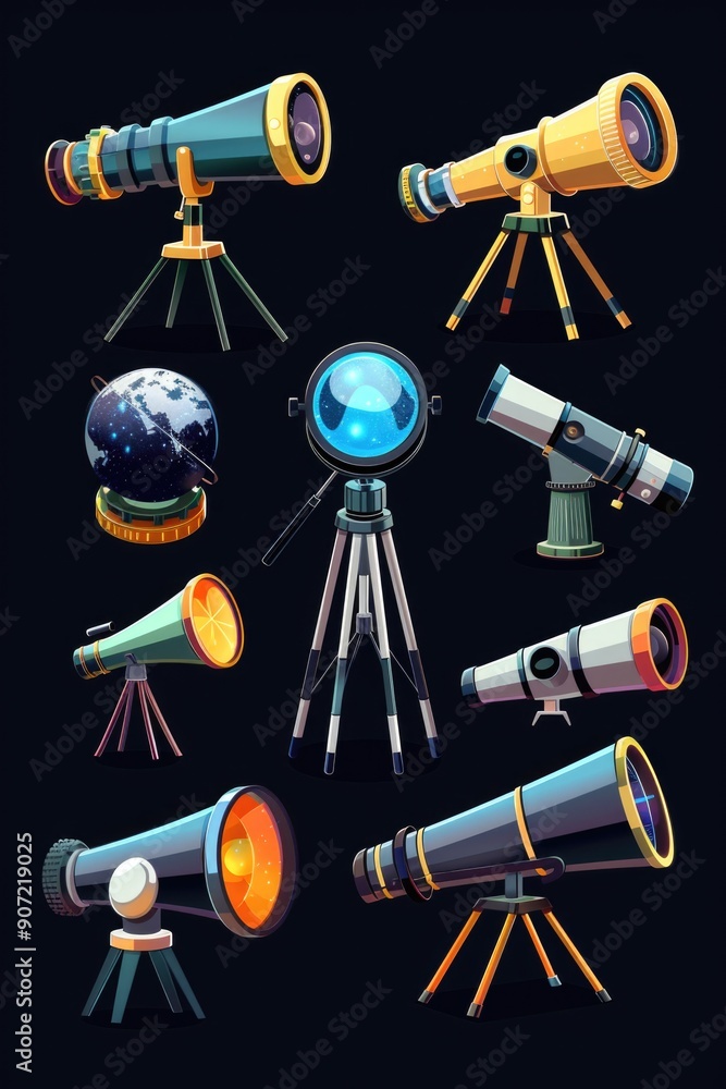 Poster Various types of telescopes with different lenses and mounts for astronomy and observation