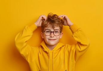 Portrait of a little curly boy in glasses on a bright green background. Little scientist, inventor, researcher, physicist, mathematician