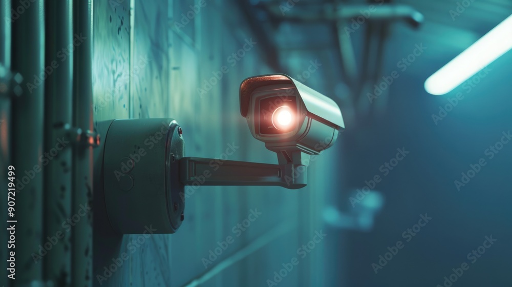 Poster a security camera is installed on the side of a building, providing surveillance and monitoring capa