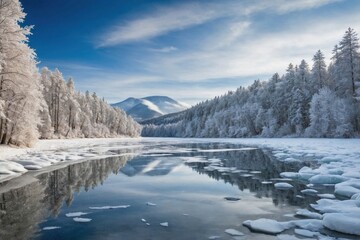 Frozen Lake with Snow-Capped Trees: A picturesque scene of a frozen lake surrounded by snow-capped trees after a snowstorm.