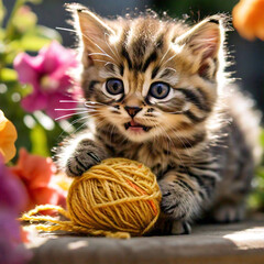 A playful tabby kitten pouncing on a ball