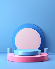Colorful geometric shapes on a blue background, creating a modern display setting.