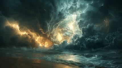 Ominous storm at Beach, dark clouds and intense lightning light up the sea.
