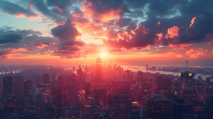 Fototapeta premium Futuristic City Skyline at Dramatic Sunset,Showcasing Technological Progress and Urban Innovation