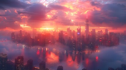 Fototapeta premium Mesmerizing Futuristic Cityscape with Glowing Neon Lights and Dramatic Skies