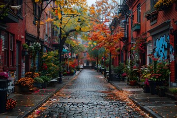 Fototapeta premium Vibrant Graffiti-Covered Urban Alleyway with Autumn Foliage and Cobblestone Pathway