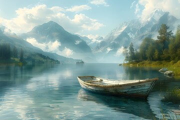 Obraz premium Serene Lakeside Landscape with Rowboat and Distant Mountains