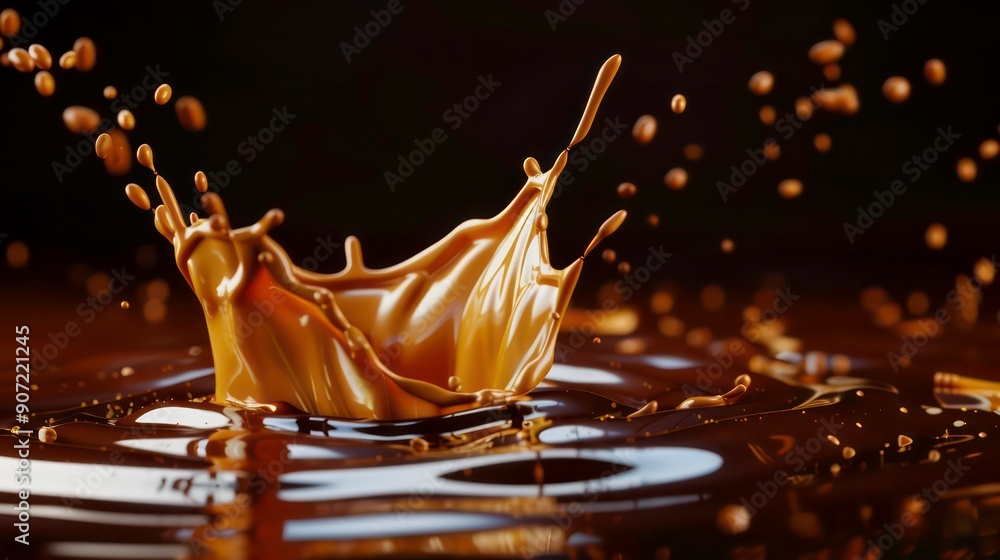 Poster a golden liquid splashes into a pool of the same liquid, creating a dramatic crown-shaped form with 