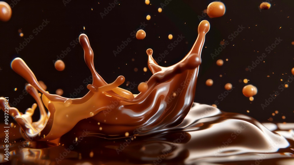 Poster chocolate splash with droplets in motiona close-up image of a chocolate splash with droplets in moti