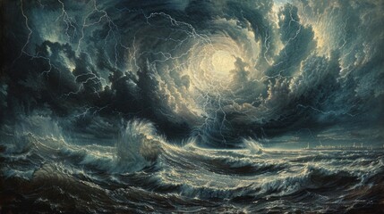 Oil painting of epic storm cloud with lightning, high wind, and large waves approaching.