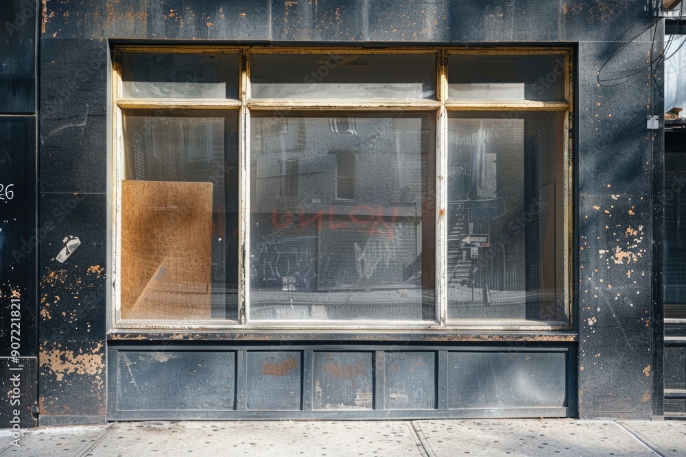 Poster a modern building with a window featuring a sign, suitable for use as an office or commercial space 