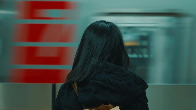 Rear view of young Asian woman while waiting at platform of subway train station looking at passing tram