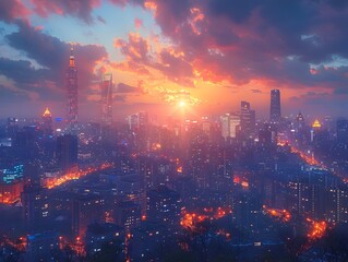 Luminous Cityscape of Glowing Skyscrapers Showcasing Urban Architectural at Night