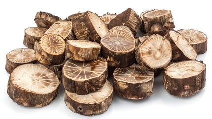 Raw organic eddoe or taro corms cross cuts isolated on white background