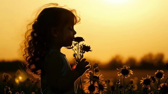 A young girl with curly red hair and a mischievous smile sits in a field of wildflowers her hands full of freshly picked blooms. The background is a picturesque countryside