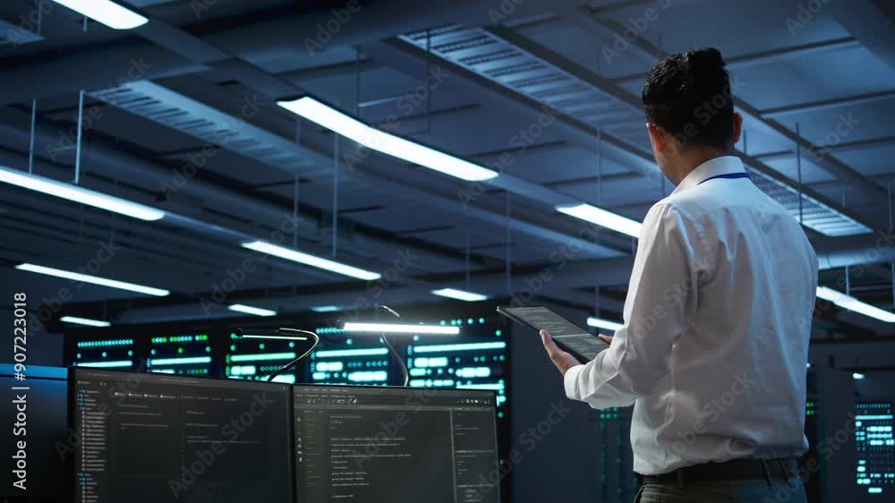 Poster system administrator overseeing data center, making improvements and updates to ensure system can ha