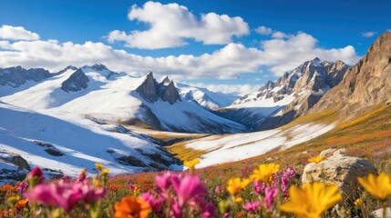Valley with Snow-Capped Cliffs: A majestic valley between two snow-capped mountain cliffs, with the valley floor covered in a blanket of wildflowers.