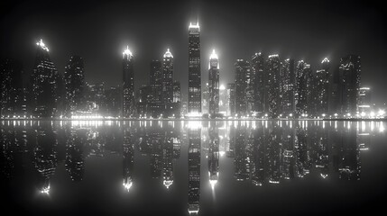 Obraz premium Captivating Minimalist Black and White City Skyline at Night with Sleek Modern Skyscrapers and Serene Reflections