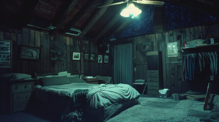 a 80's style horror movie shot of a bedroom in a cabin at a summer camp in the woods