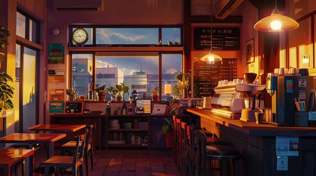 Glowing interior caf&eacute; bar illuminated in the evening, creating a warm and inviting atmosphere for a cozy night out
  Seamless looping 4k time-lapse virtual video animation Generated AI